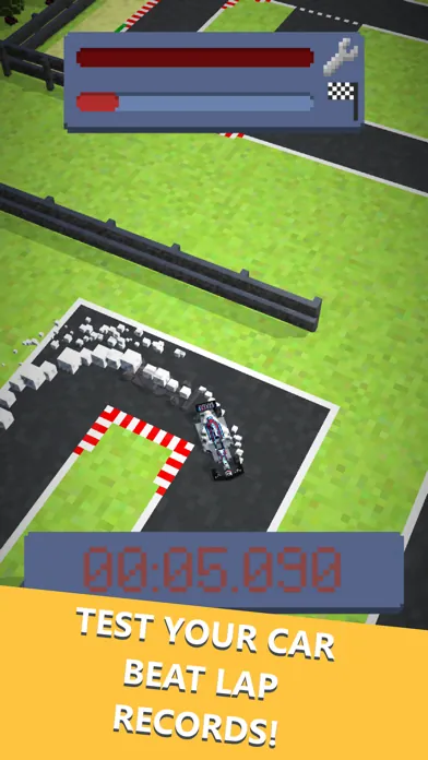 A blocky race car taking a corner on a track with a lap timer