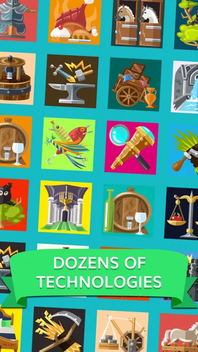 A grid of technology icons such as anvils, barrels and horses above a green banner at the bottom
