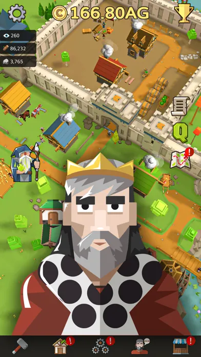 A walled castle town seen from above with a bearded king in the foreground