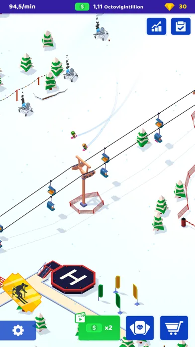 Chairlift cabins carrying skiers over a snowy slope beside a helipad
