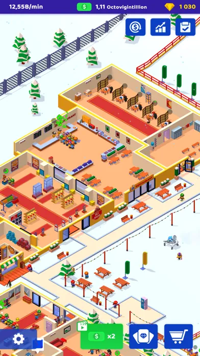 A resort building with shops and a ski rental seen from above